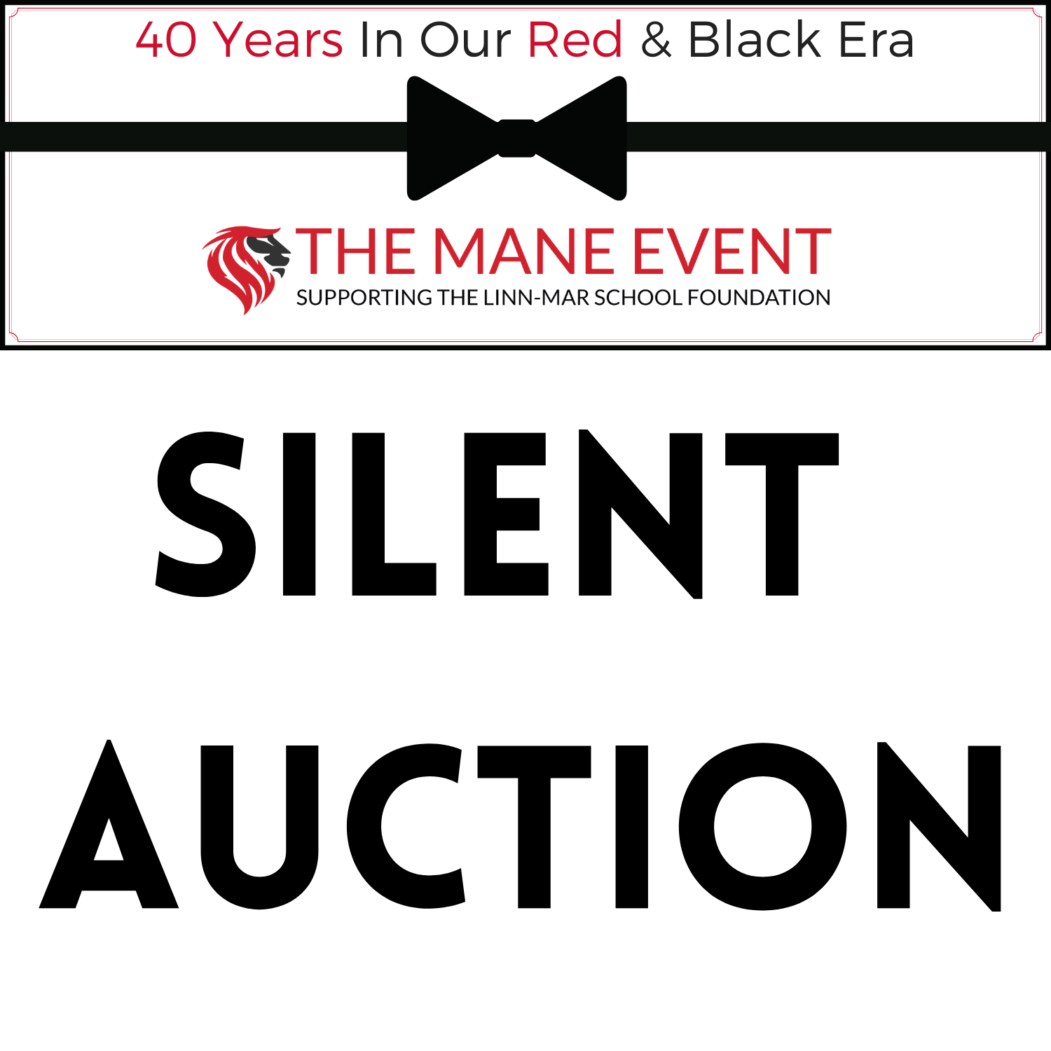 Silent auction banner with event details.